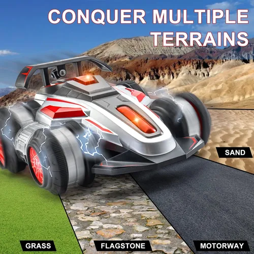 Vista 4 de Autos RC, auto RC de 2.4 GHz, rápido, acrobacias, 4WD, giro 360°, camiones RC con luces y música, camión de acrobacias todoterreno de alta