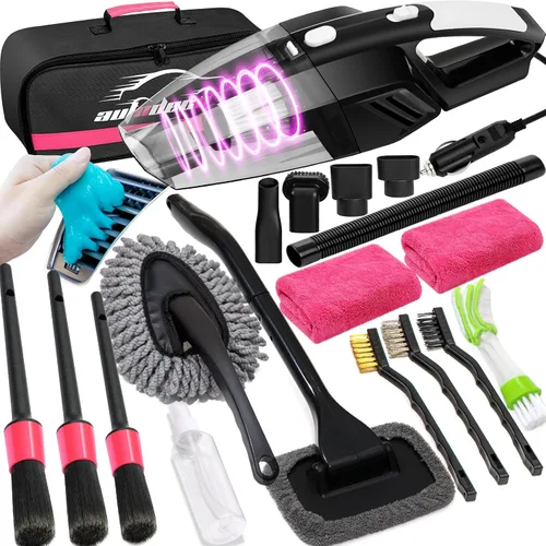 Vista 15 de Kit de limpieza para auto de 41 piezas Kit de limpieza y detalle interior con aspiradora de mano de alta potencia, cubo plegable, herramienta