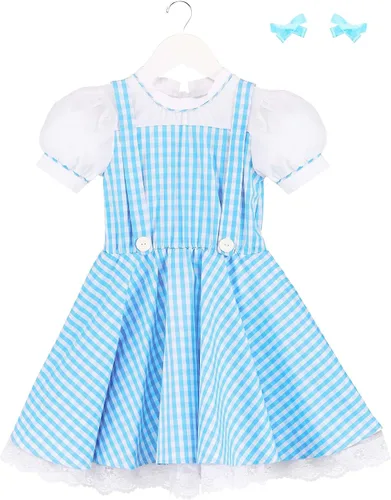 Vista 6 de Toddler Wizard of Oz Dorothy Costume for Girls, Blue Dress & Hair Bow Ties, Blue Checked Gingham Fairytale Dress