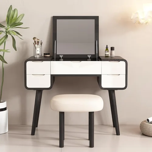 Vista 2 de Lartis Mesa de tocador con tapa abatible, elegante tocador de maquillaje con taburete, escritorio de maquillaje, espejo de maquillaje reversible