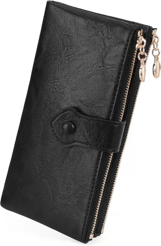 Vista 9 de GOIACII Cartera de mujer con cierre de beso, cartera larga con cremallera, con tarjetero compacto vintage para damas, A01 verde , medio, Classic