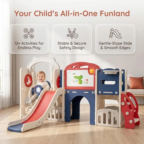 Vista 5 de Conjunto de juegos al aire libre 12 en 1 para niños pequeños con columpio, columpio interior y conjunto de tobogán, parque de juegos para niños