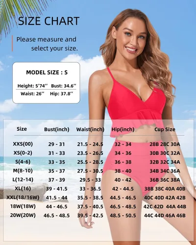 Vista 6 de Tempt Me - Traje de baño de dos piezas para mujer, bikini de cintura alta con volantes y control de abdomen Rojo neón