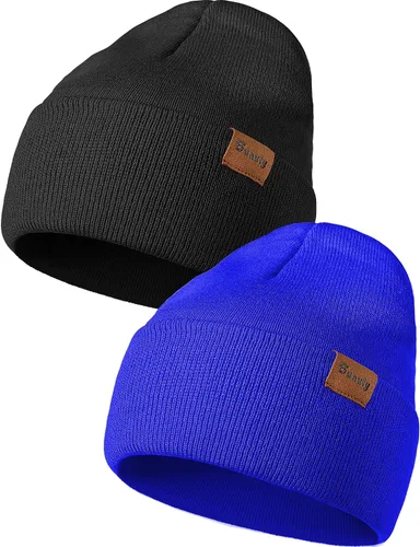 Vista 14 de Gorro de punto para hombre y mujer, gorro de invierno de punto, gorro de calavera, gorro de nieve a rayas, gorro térmico con puños 2p-negro+verde