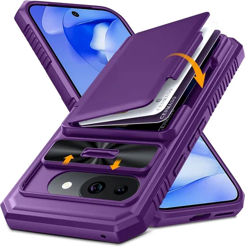 Vista 13 de CENMASO - Funda para Google Pixel 9 Pro XL con tarjetero (4 tarjetas), funda deslizante para cámara y función atril, bloqueo RFID, protección