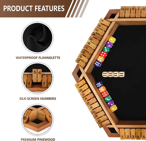 Vista 3 de Nicecho Juego de dados Shut The Box para 2 a 6 jugadores, mesa de madera con 16 dados, juegos clásicos de mesa para niños y adultos, familia, aula