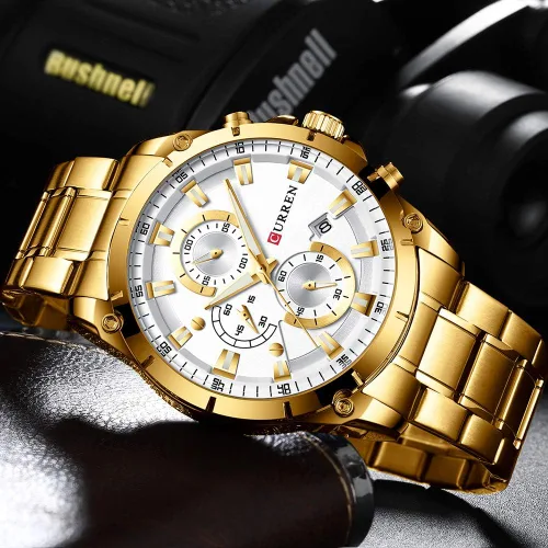 Vista 3 de CURREN Reloj para hombre de acero inoxidable cronógrafo de cuarzo para hombre reloj deportivo fecha Relogio Masculino reloj Hombr Dorado blanco