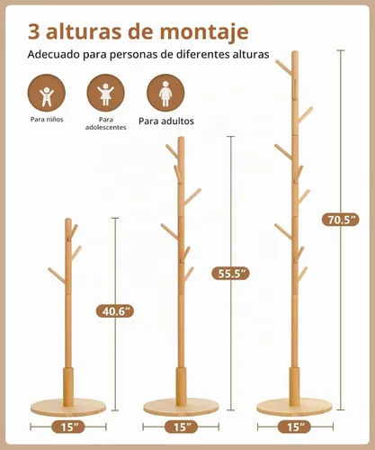 Vista 6 de Cozivolife Perchero de pie, perchero de madera con 9 ganchos y 3 alturas ajustables, abrigo de árbol de madera de haya para dormitorio, oficina