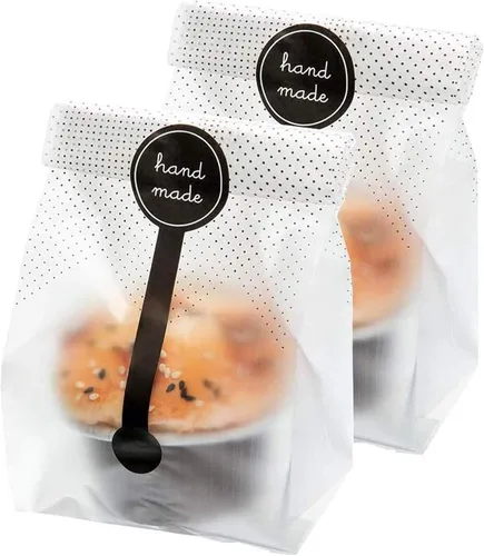 Vista 9 de (200 unidades) 100 bolsas de plástico translúcidas/bolsas de panadería con 100 calcomanías hechas a mano para galletas, pasteles, chocolate, dulces