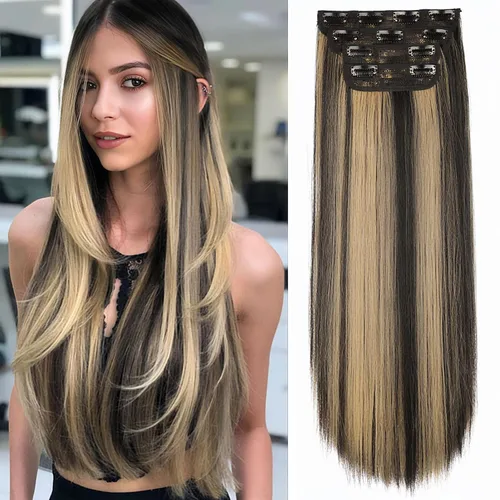 Vista 9 de Extensiones de cabello con clip de Vigorous de 20 pulgadas, con reflejos rubio playa, extensiones de cabello ondulado largo y suave de cabello