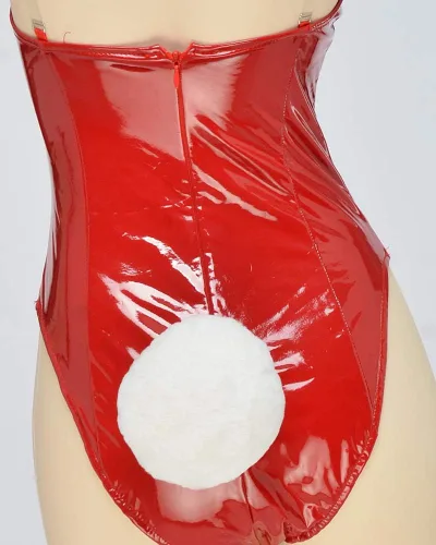 Vista 5 de Cosplay.fm Disfraz de conejito para mujer, traje de una pieza con tocado y accesorio de lazo