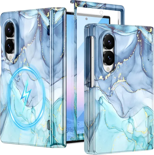 Vista 31 de Btscase Funda para Samsung Galaxy Z Fold 5, protector de pantalla frontal integrado, patrón de mármol dorado con purpurina de policarbonato duro