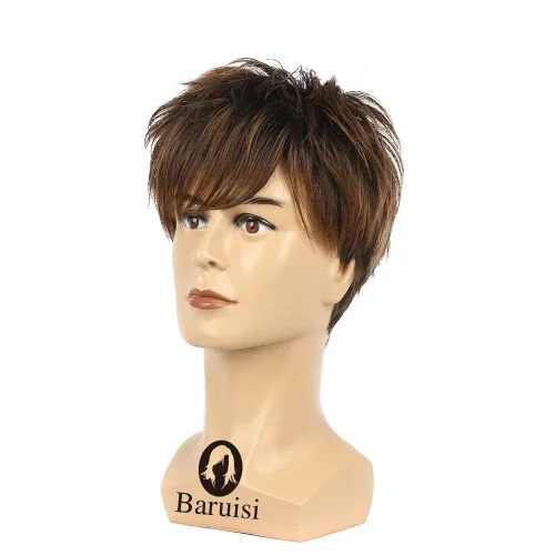 Vista 3 de Peluca corta para hombre color marrón, peluca de pelo sintético natural en capas marrón (Brown 1)