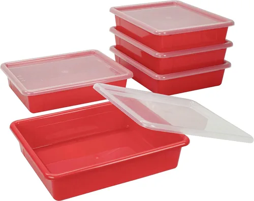 Vista 3 de Storex Bandeja de almacenamiento plana tamaño carta, contenedor organizador con tapa sin broches para aula, oficina y hogar, rojo, paquete de 5