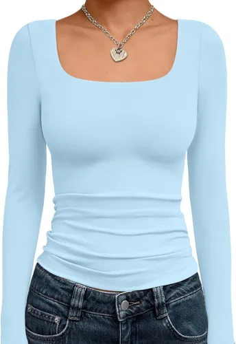 Vista 30 de Trendy Queen - Camisas ombligueras para mujer, manga larga, cuello cuadrado, básicas, para salir, de invierno, Y2K Albaricoque