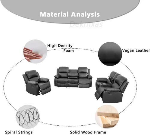 Vista 8 de Conjunto de sofá para sala de Estar, sillón reclinable de cuero transpirable, sofá de 3 plazas para cine en casa con portavasos para apartamento