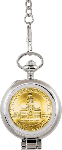 Vista 4 de Reloj de bolsillo con moneda con movimiento de cuarzo esqueleto Oro en capas JFK Bicentennial Half Dollar Moneda de EE.UU. genuina Segunda mano