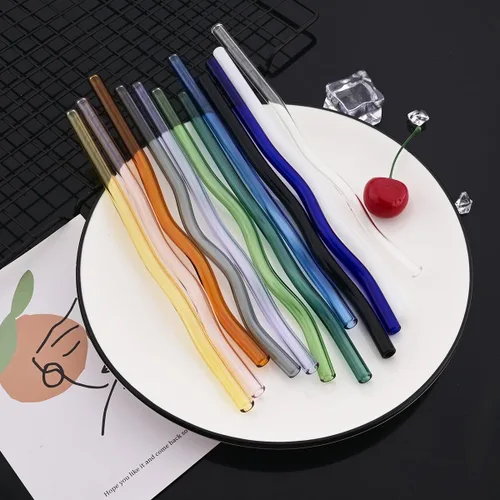 Vista 5 de JASHII Pajitas de vidrio ondulado negro – 8 piezas, 7.87 x 0.31 pulgadas, reutilizables con bolsa negra, multicolor para beber bebidas
