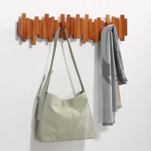Vista 3 de Perchero de madera para colgar en la pared, varios estantes sólidos hechos a mano de madera de cerezo natural con 5 ganchos modernos abatibles