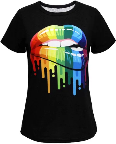 Vista 2 de Camiseta de los años 80 con estampado de labios de color casual para mujer, camisetas de verano de manga corta con gráfico divertido Negro