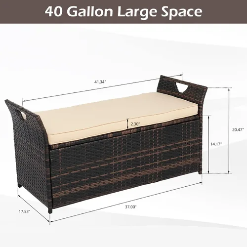 Vista 3 de VINGLI Caja de mimbre para exteriores de 40 galones con cojín, caja de almacenamiento de mimbre para patio, jardín, balcón, porche, piscina, patio