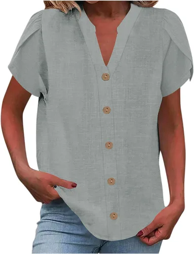 Vista 15 de Camisetas de verano para mujer, de manga corta, pétalos, de lino, con bolsillo, casual, con botones, blusas básicas