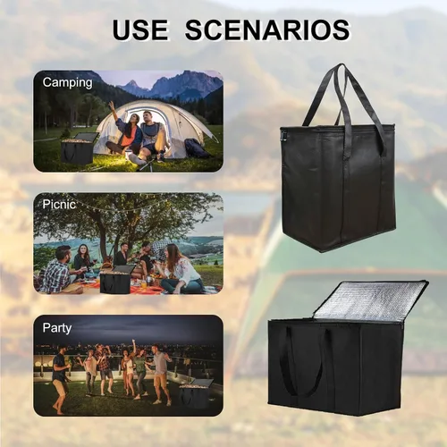 Vista 5 de Longzhuo Paquete de 3 bolsas de comestibles aisladas con cierre superior, bolsas de compras negras con asas, bolsa enfriadora plegable reutilizable