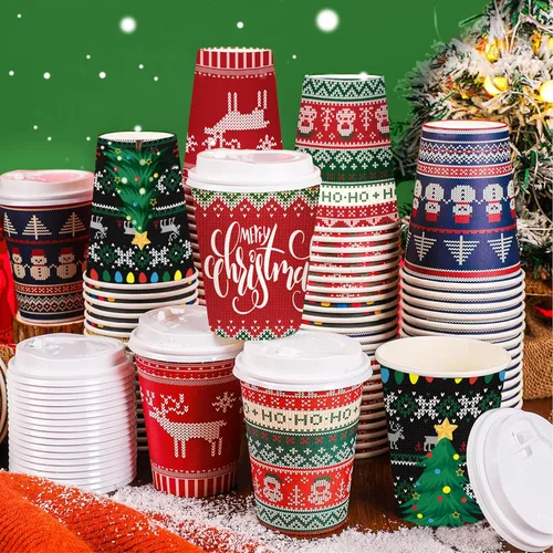 Vista 8 de Gerrii Juego de 100 vasos de papel de Navidad desechables de 12 onzas con tapas, tazas de chocolate caliente, tazas de café, tazas calientes