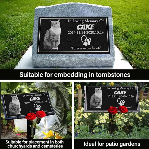 Vista 2 de Marcador personalizado para tumbas para mascotas con foto, piedra conmemorativa de gatos, lápida de granito negro personalizada grabada con láser