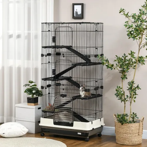 Vista 2 de Jaula para animales pequeños de 6 niveles PawHut con ruedas, bandeja extraíble, plataforma y rampa para conejos, chinchillas, hurones, color negro