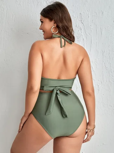Vista 2 de WDIRARA Traje de baño de bikini de cintura alta con cuello en V y fruncido para mujer