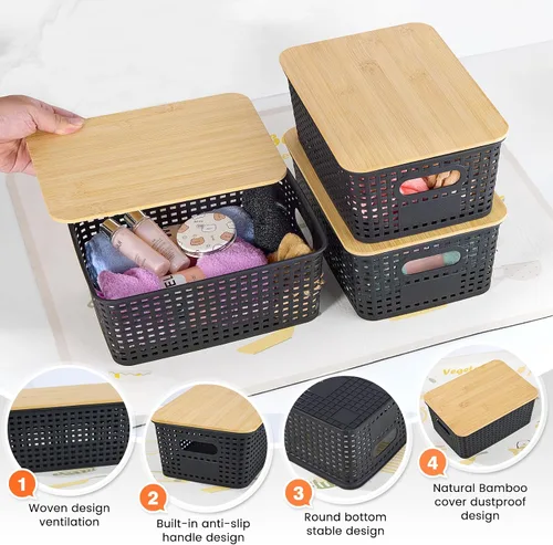 Vista 3 de Ohmlove Cestas de almacenamiento de plástico con tapa de bambú – Contenedores de almacenamiento de plástico apilables: Cestas de almacenamiento