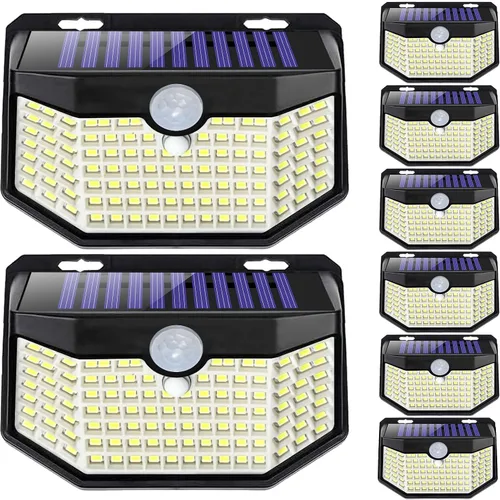 Vista 16 de HMCITY Luces solares para exteriores, 120 LED con 3 modos de iluminación, luces de pared con sensor de movimiento, IP65, impermeable, alimentadas