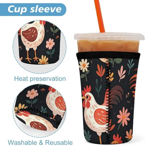 Vista 3 de Cute Rooster Chickens Reusable Insulated Neoprene Iced Coffee Cup Sleeves 3 Sizes Diving Material Cup Durable Beverage Covers for Cold Coffee Tea