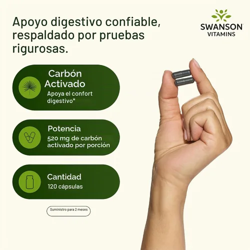 Vista 3 de Carbón activo 0,009 oz, 120 cápsulas de Swanson Premium, LAAM_B0047TP6D6, 1 Para adultos que buscan comodidad digestiva, 520 mg por porción, apoya