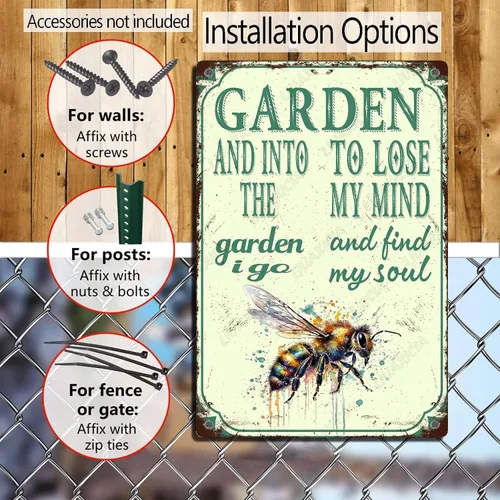 Vista 4 de LIUAXICIA Letreros divertidos de metal con texto en inglés "In The Garden to Lose My Mind and Find My Soul Bee Garden - Letreros de lata
