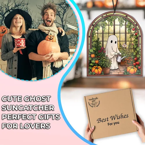 Vista 7 de 2 bonitos atrapasoles de decoración de Halloween, 6 pulgadas, espeluznante planta fantasma, para colgar en la ventana, fantasma con gato negro