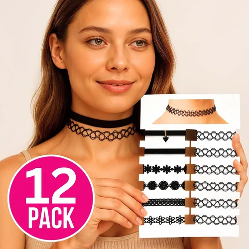 Vista 9 de BodyJ4You Juego de 12 gargantillas elásticas estilo tatuaje, accesorios y joyería de los años 90 y 2000, rosado, azul, verde, colorido, arcoíris