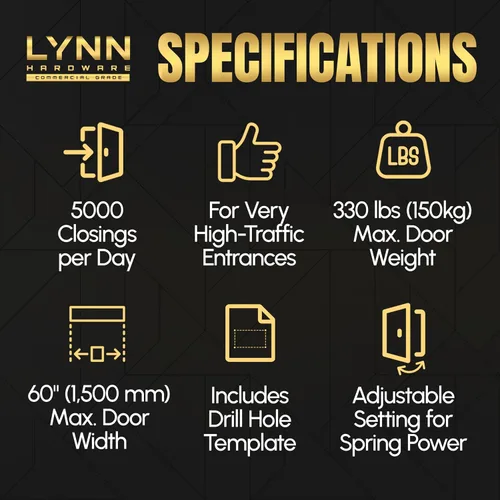 Vista 3 de LYNN HARDWARE Cierrapuertas automático extra resistente de servicio pesado (plateado) - Grado comercial, elección de contratistas, velocidad