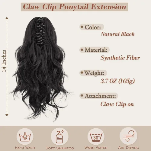 Vista 2 de BARSDAR Extensiones de cola de caballo con clip de garra, extensiones de cabello corto ondulado negro de 14 pulgadas para mujer, extensiones