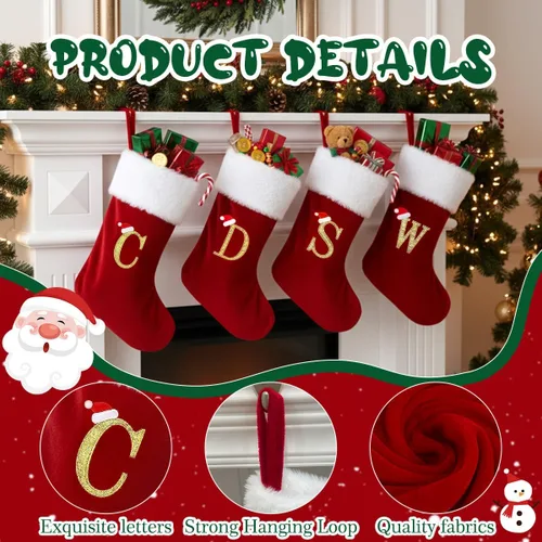 Vista 2 de Calcetines de Navidad personalizados con monograma, con inicial familiar, 20 pulgadas, puño de felpa blanca supersuave con cuerpo de terciopelo rojo
