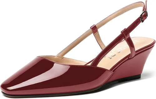 Vista 8 de MERRORI Zapatos de tacón bajo de cuña con hebilla y punta cuadrada para mujer, de patente sólida, de 2 pulgadas Beige