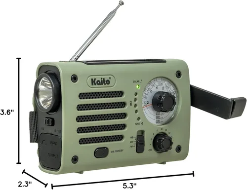 Vista 7 de Kaito KA380 Radio de emergencia y altavoz Bluetooth portátil - Radio meteorológica AM/FM NOAA recargable con panel solar y manivela verde militar