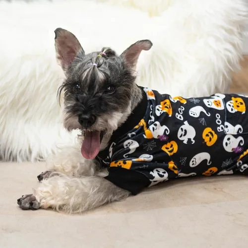 Vista 8 de PUPTECK - Pijamas de forro polar suave para perros pequeños y medianos, mono para perros, suéteres para cachorros, ropa de mascotas, mono de Negro