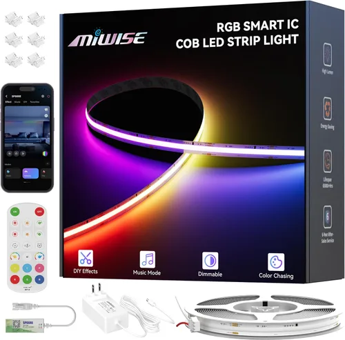 Vista 9 de MIWISE Tira de luces LED COB USB de 5 V, tira LED RGB inteligente IC con control de aplicación, sincronización de música direccionable por