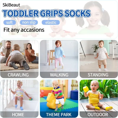 Vista 6 de SkiBeaut 12 pares de calcetines antideslizantes para niños y niñas con agarres, calcetines antideslizantes para niños pequeños de 1 a 7 años