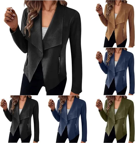 Vista 5 de Chaqueta de piel sintética para mujer, chaqueta de motociclista de gamuza sintética para otoño, con cremallera, de poliuretano, ajuste delgado