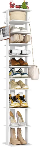 Vista 14 de HOMEFORT Zapatero vertical de 10 niveles, torre de zapatos de esquina, organizador de zapatos delgado con dos ganchos para colgar, soporte