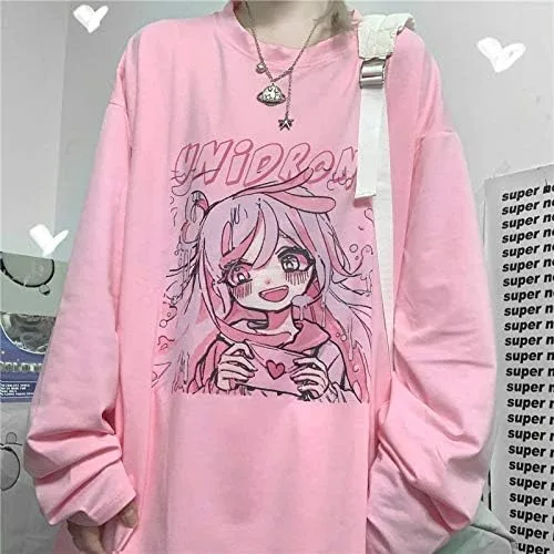 Vista 4 de Kawaii Camiseta de gran tamaño lindo rosa Anime camisa japonesa Harajuku Tee de manga larga conejo gato adolescente chica más