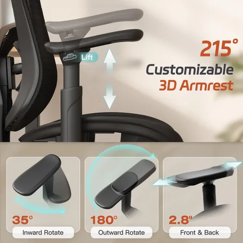 Vista 6 de Ergonomic Home Mesh Chair with Footrest, Lumbar Height Adjustment & 215° Rotate Armrests, Recline Lock 90°–120°, High-Back Big and Tall Computer
